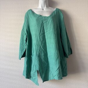 Niche Nilgun Derman Linen Blend Tunic Blouse XL Green Check Boat Neck Asym Hem